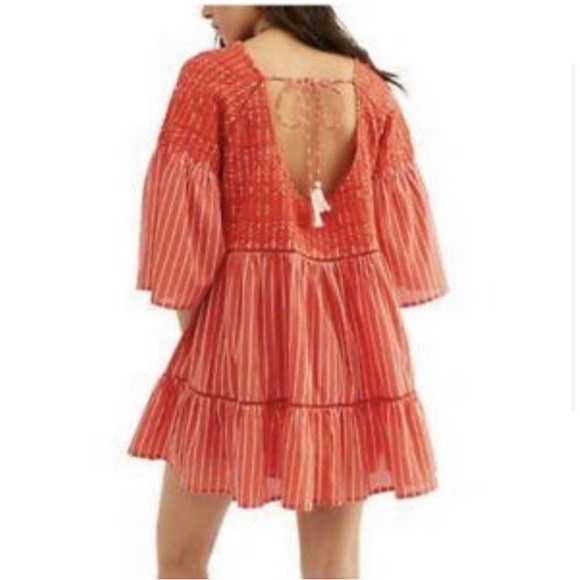 Free People Lola Embroidered Tassel Mini Dress In Red Orange Pinstriped Size S - Picture 2 of 3